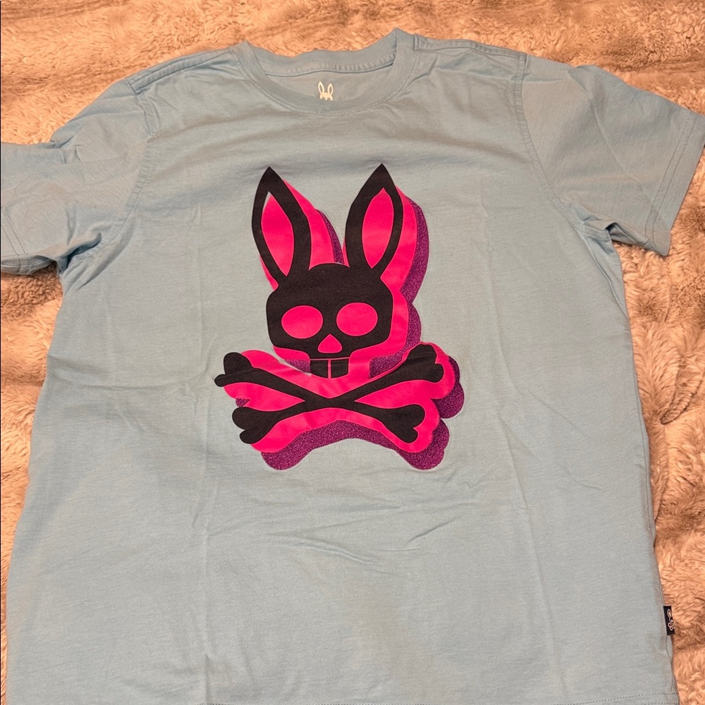 Psycho Bunny Light Blue Tee with Vibrant Pink Graphic